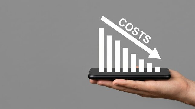 cost reduction, costs, decrease, business, finance, budget, savings. Businessman holding smartphone with a declining bar chart and downward arrow symbolizing financial optimization.