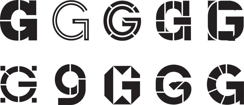 Modern letter G logo set, 10 minimalist geometric alphabet icons, black abstract initial G branding symbols for corporate identity and tech startups