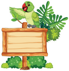 Obraz premium Green Parrot Perched on Wooden Sign in Jungle Foliage