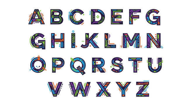 Creative geometric alphabet set featuring colorful and decorative letters from A to Z with unique abstract patterns and outlines.