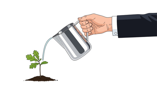 A businessman's hand watering a small green plant with a silver can, symbolizing investment, growth, and nurturing a new venture.
