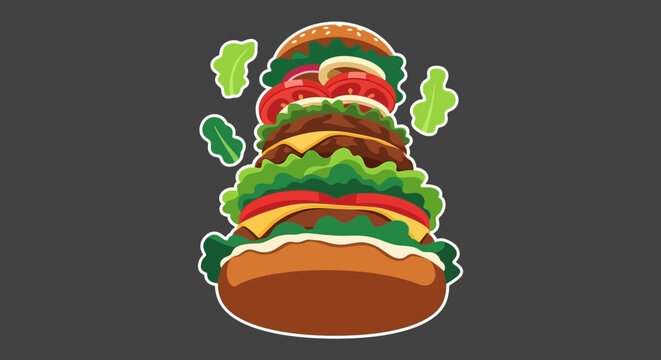 A cartoon illustration of a giant, stacked hamburger with multiple patties, cheese, lettuce, and tomatoes, with floating lettuce leaves on a dark background.