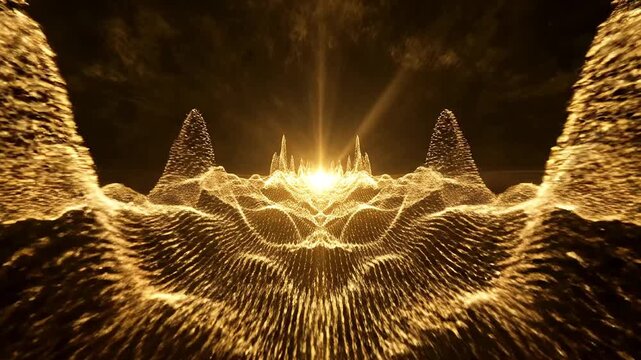 A golden, abstract landscape with radiant light and textured patterns