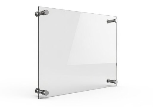 Sleek glass panel with chrome corner clips for modern room divider isolated on white background