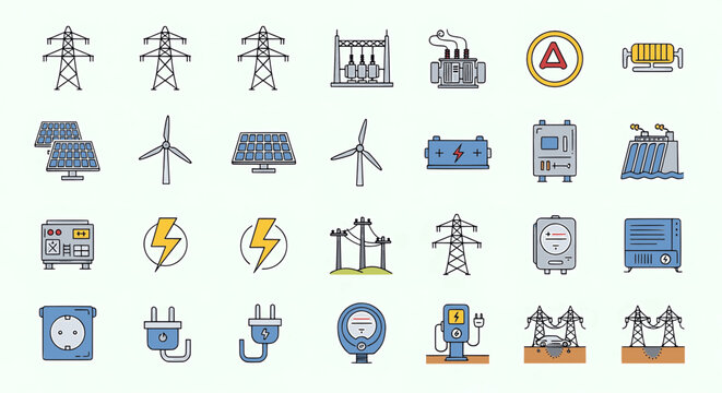 Set of Energy and Electricity Infrastructure Vector Icons