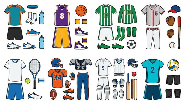 Collection of various sports equipment and uniforms