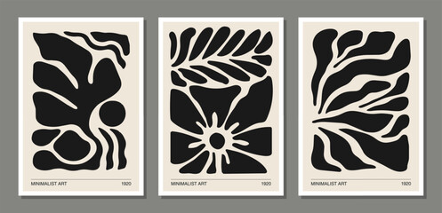 Set of minimalist posters with abstract art leaf composition in trendy contemporary collage style © C Design Studio