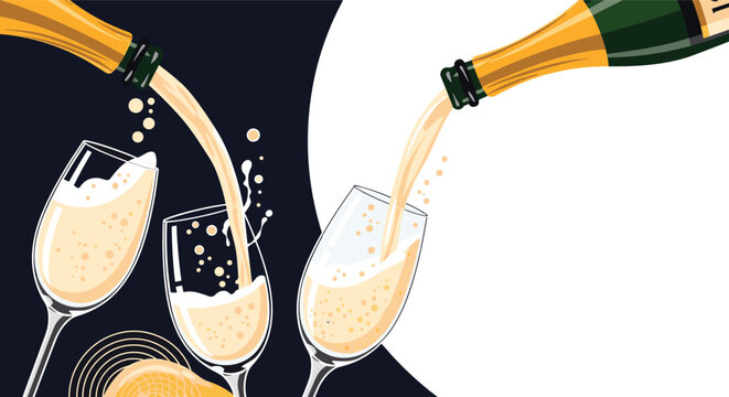 Celebration background showing champagne being poured from two bottles into three elegant glasses with bubbles and golden light.