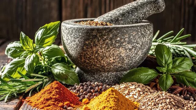 Mortar and pestle with herbs and spices on a wooden table