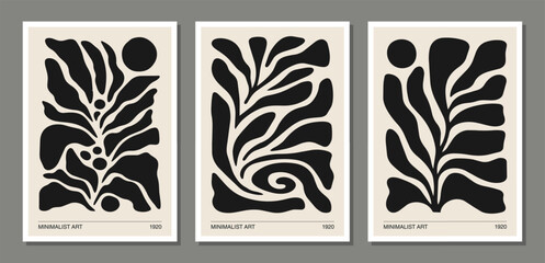 Set of minimalist posters with abstract art leaf composition in trendy contemporary collage style © C Design Studio