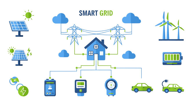 Smart Grid Technology Concept with Renewable Energy Icons