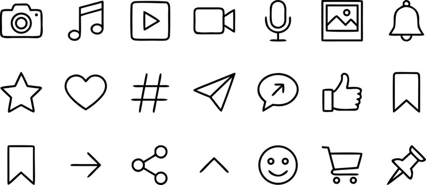 Comprehensive set of minimalist outline vector icons for social media interface mobile applications and multimedia digital content