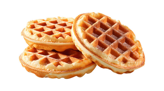 Delicious round waffles in the air, isolated on a white background