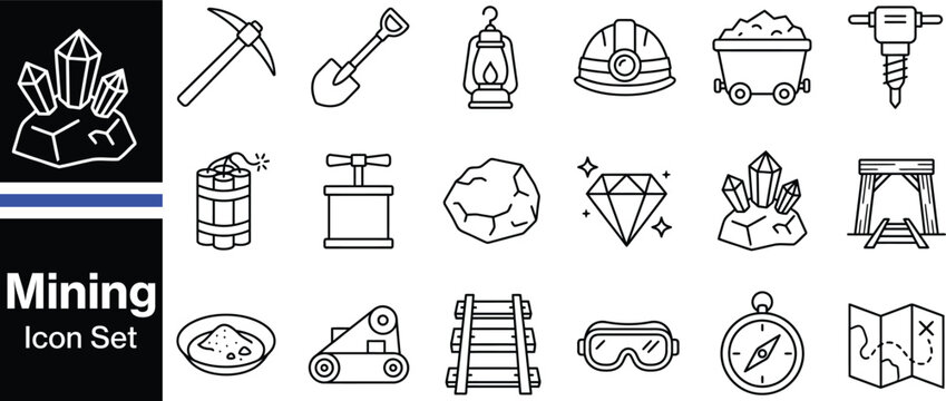 Mining and Mineral Extraction Icon Set with Pickaxe, Shovel, Dynamite, and Diamond Symbols