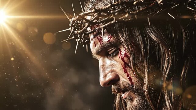 A man with a crown of thorns on his head and blood on his face looking down