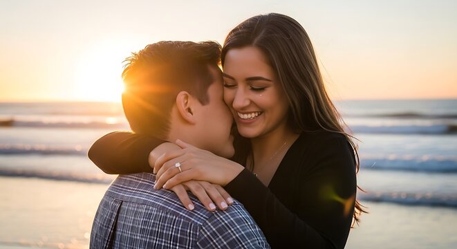 Young couple embracing on beach at sunset with engagement ring visible