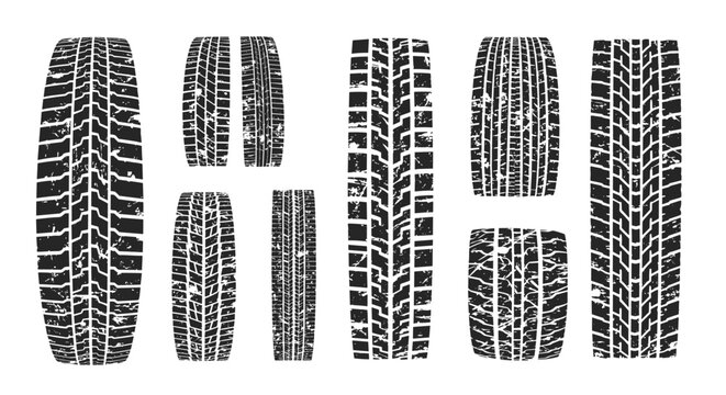 Collection of various tire tread marks and textures presented in black and white shows different patterns for automotive design projects.