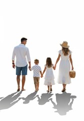 Naklejka premium Young family walks hand in hand together against a white background.