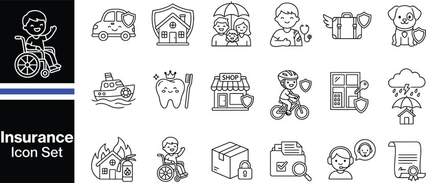 Insurance Services and Protection Line Icon Set - Comprehensive Coverage Vector Illustrations