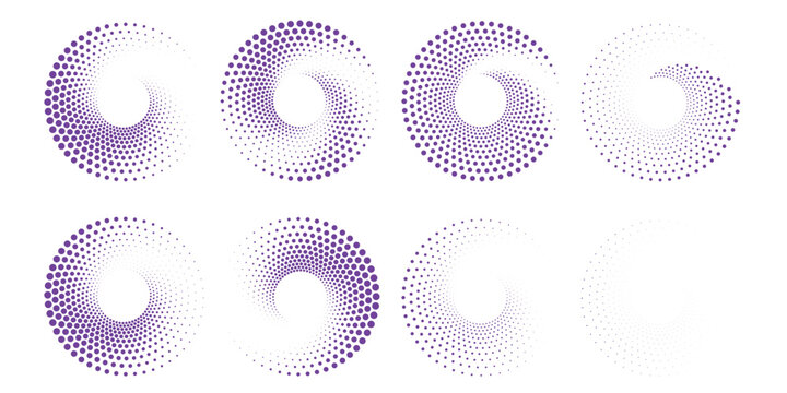 Abstract Dotted Round Frames and Spiral Vector Ornaments. Purple Halftone Circular Swirl Elements Set for Modern Design. Geometric Purple Dot Vortex and Dot Frames for Web and Print Media.