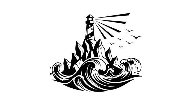 Black and white lighthouse on rocky coastline with waves and seagulls flying.