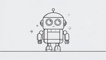 Naklejka premium Cute friendly monochrome line art robot illustration standing on a white background with sparkling elements representing technology and AI