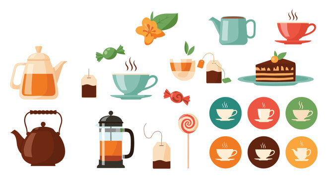 Comprehensive tea and coffee service set includes diverse pots, cups, tea bags, sweets, and pastries for a delightful break time.