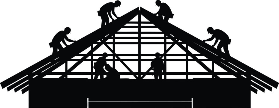 Construction workers building a roof.