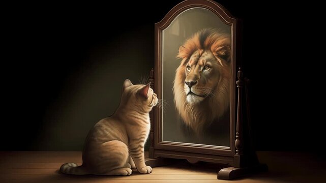 Cat looking into mirror and seeing reflection of a lion symbolizing confidence and self perception