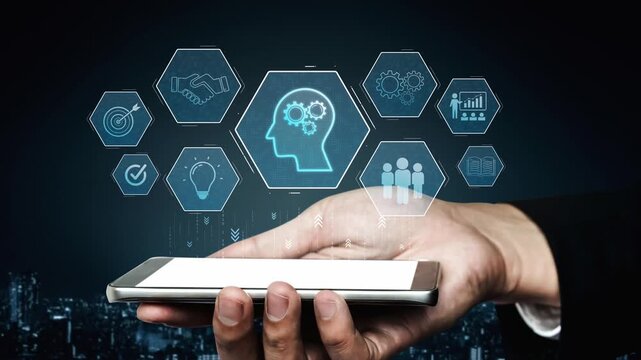 Head with gear and icons representing learning, digital training, and development process, showing skill growth for human or AI systems through knowledge or task optimization Marrow
