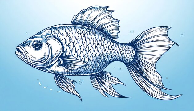 Detailed blue and white line art illustration of a freshwater fish swimming in calm blue water with subtle bubbles vector style.