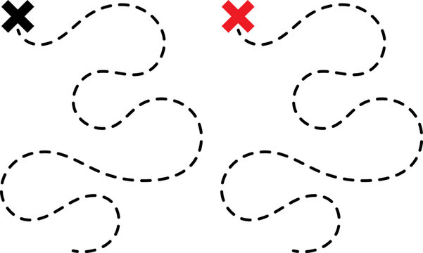 Two dashed path lines starting from black and red crosses