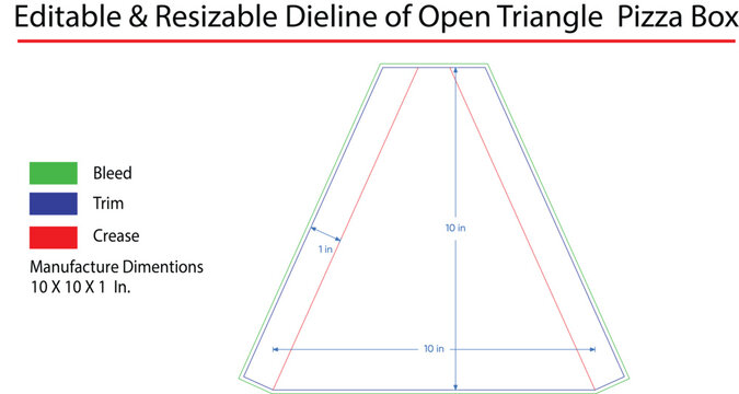 Editable dieline of open triangle pizza box template with dimensions