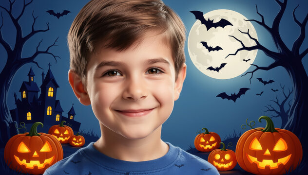 Halloween Portrait: A beaming young boy with dark hair smiles amidst a whimsical Halloween landscape, complete with glowing pumpkins, bats against a full moon, and a spooky castle silhouette.