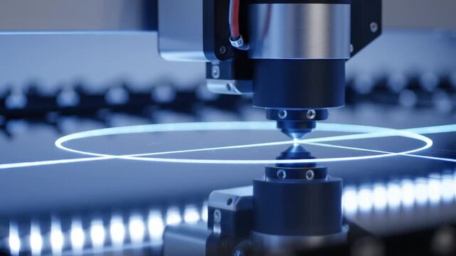 Industrial laser cutter head processing metal plate with blue light