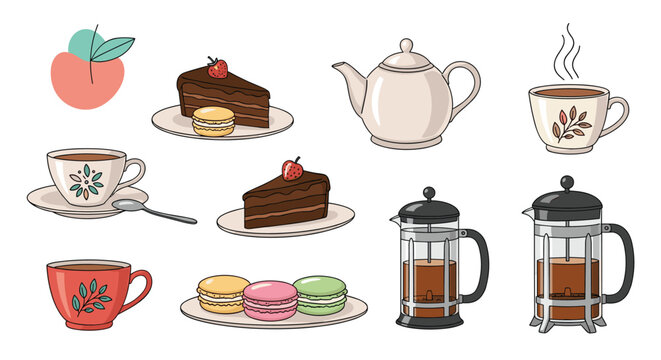 Set of illustrated coffee and tea items including teacups cake slices macarons teapots and French presses on a white backdrop.