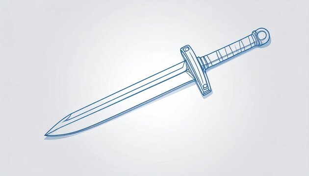 Detailed vector line art illustration of a medieval broadsword with crossguard and pommel presented as a blue outline sketch on an isolated background.