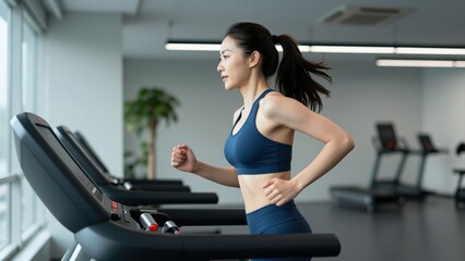 Fototapeta premium Asian Woman on Treadmill: Asian woman, adorned in stylish activewear, exudes vitality as she propels herself forward on a treadmill in a fitness center, bathed in natural light from large windows.