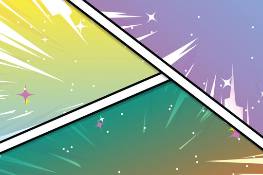 Abstract multi-panel comic background with diagonal dividers and anime speed lines. Creative template for manga storytelling, action scenes, and colorful graphic novel layouts.