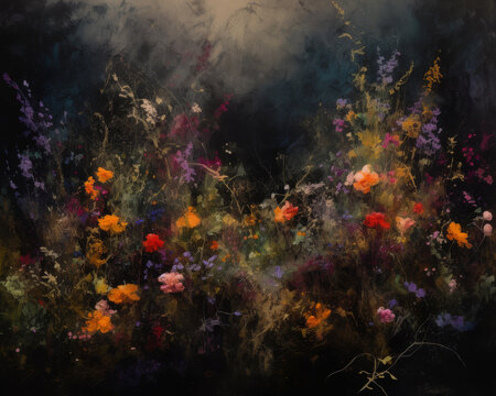 Colorful Wildflowers on a Black Background. Beautiful Abstract Floral Background, oil painting. 	
