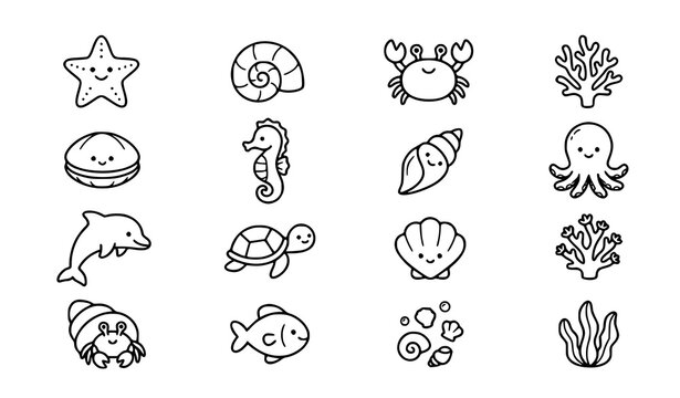 Cute beach animal outline icons with seashell clam starfish and coral reef vector set for kids design