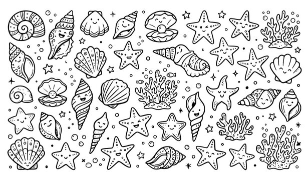 Minimal beach animal outline icons with seashell clam starfish and coral reef for ui and app vector set