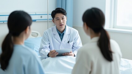 Fototapeta premium Doctor Consultation in Hospital Room: A compassionate doctor consults with two female patients in a brightly lit hospital room, offering guidance and reassurance.