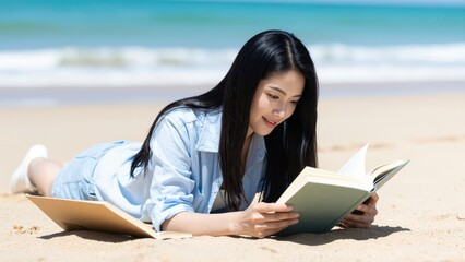 Fototapeta premium Reading Tranquility: A woman engrossed in a book lies comfortably on the sandy beach, with the serene ocean stretching out as a backdrop, capturing moments of relaxation and immersion.