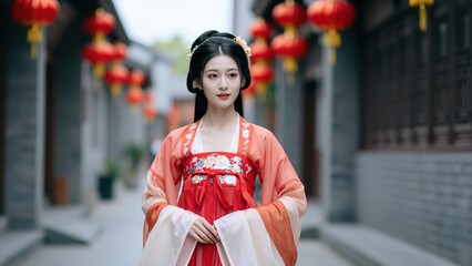 Obraz premium Elegant Woman in Traditional Attire: A beautiful young woman with long dark hair, adorned in a vibrant traditional orange and red Hanfu dress, walks through a historic street lined with red lanterns.