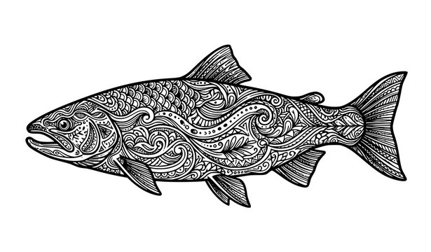 Salmon fish doodle art with intricate hand drawn pattern sketch vector illustration isolated
