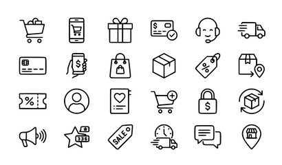 Minimal 24 e-commerce line icons set with shopping mobile payment and marketing symbols vector pack © MstMonisha