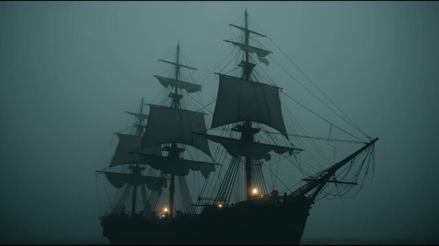 A ghost ship moves through the dark sea at night. Lights glow from the vessel as it sails silently amidst the mist and fog.