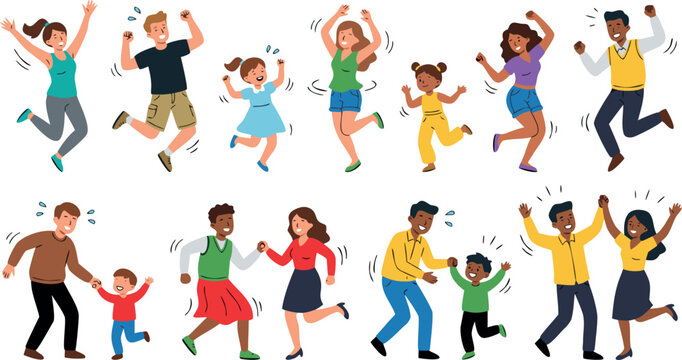 Diverse collection of happy people and families jumping dancing and celebrating together in a colorful cartoon illustration style