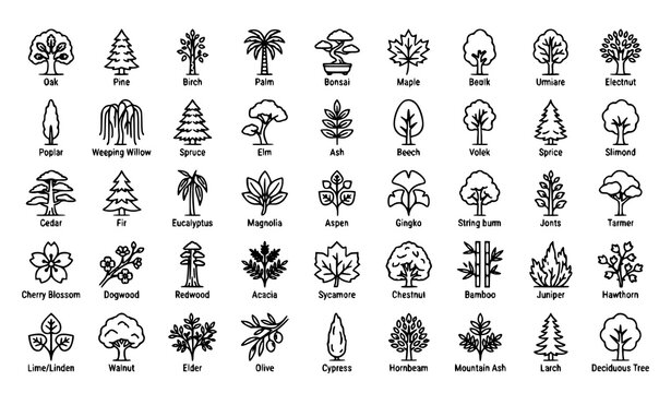 Big collection of tree line icons with wood and plant symbols in minimal vector illustration set